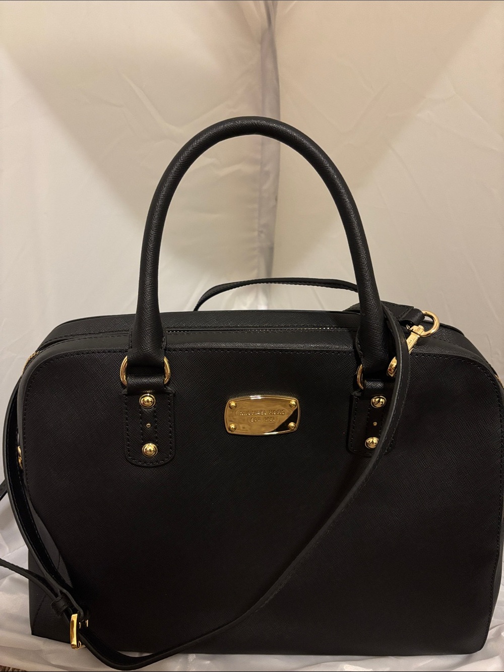 Michael Kors Black Saffiano Dome Satchel with Gold Hardware
